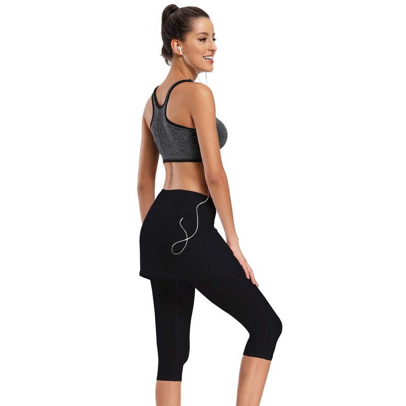 Ibeauti Womens UPF 50+ Yoga Skirted Capri Leggings Golf Tennis Pants with Skirt for Running Workout Active (Black, X-Large) - Image 5